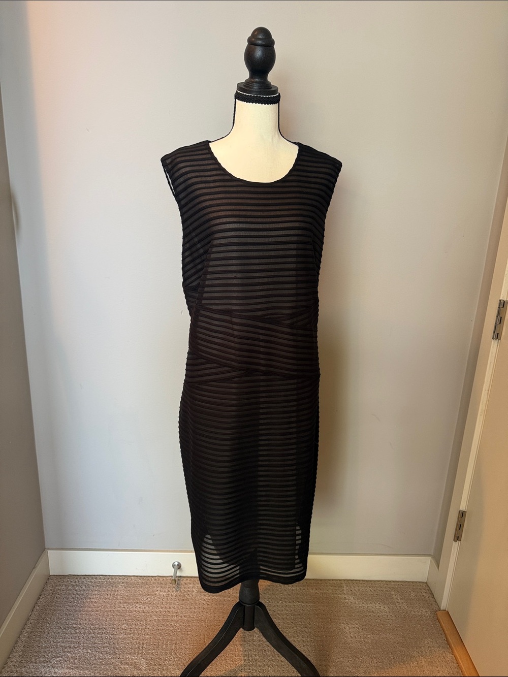 Calvin Klein Black Sheer Striped Midi Dress